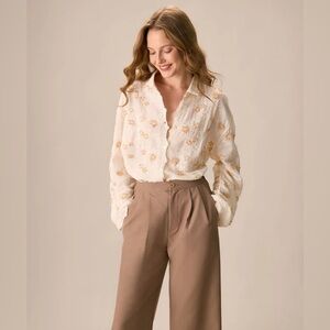 NWT RIHOAS Women's Apricot Jacquard Cotton Long Sleeve Shirt Sz OS